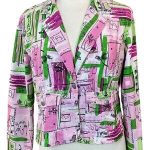 SOHO Clothing Company Pink Green Jacket Island Cityscape Images Sequin Accents M